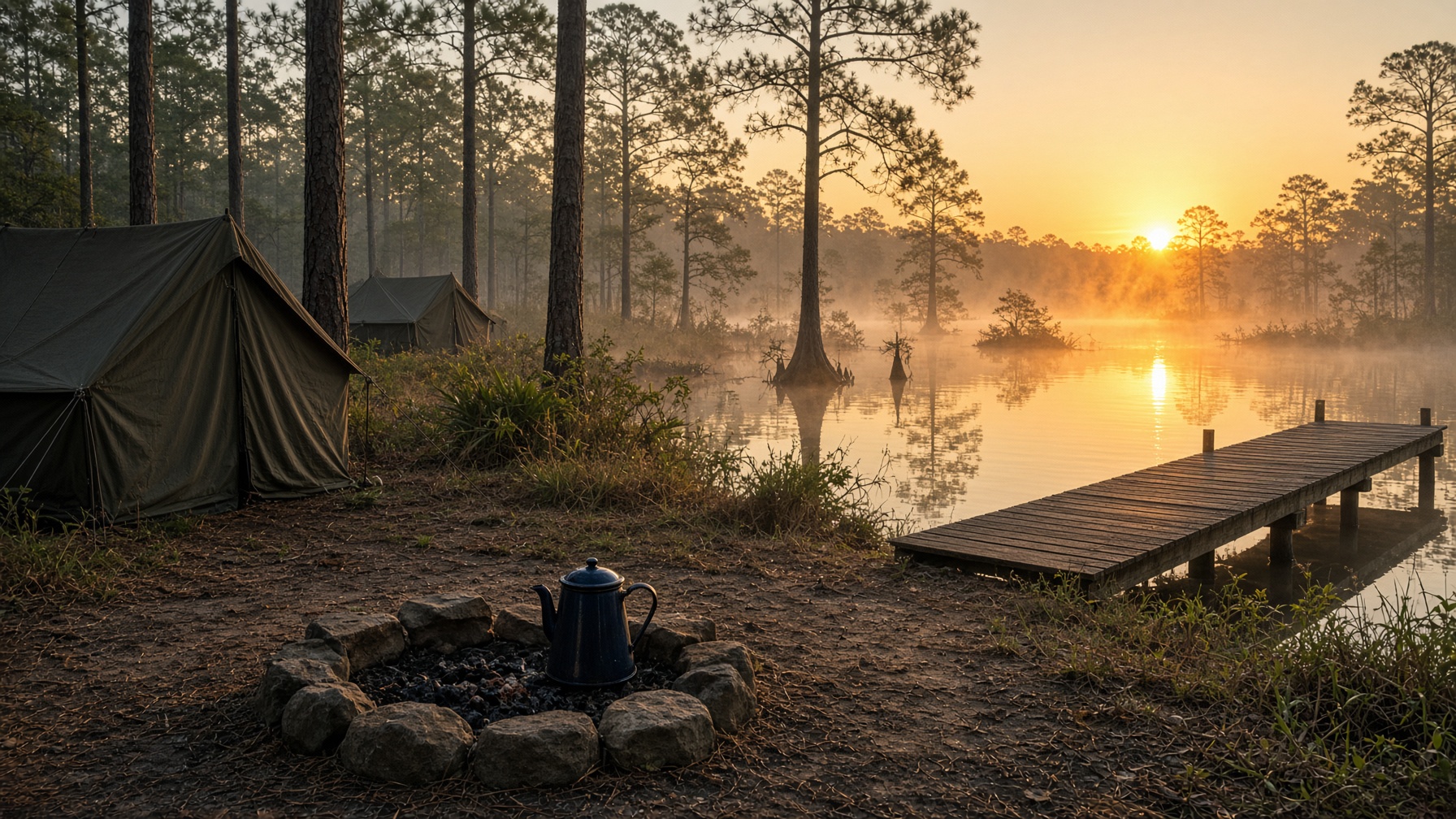 Sunrise over a Florida lakeside camp with canvas tents